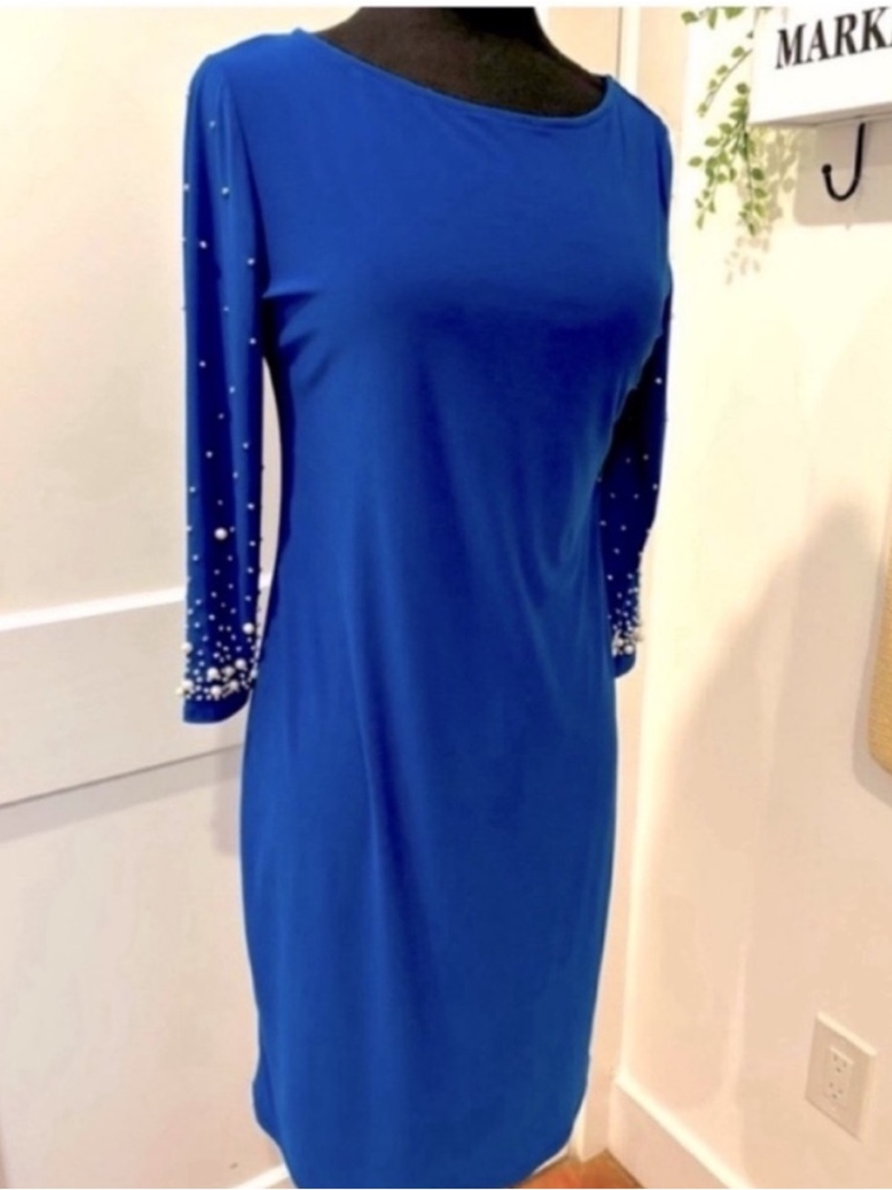 Nik and Nash NEW Long Sleeve Pullover Midi Dress Blue Pearl Accents Womens S
